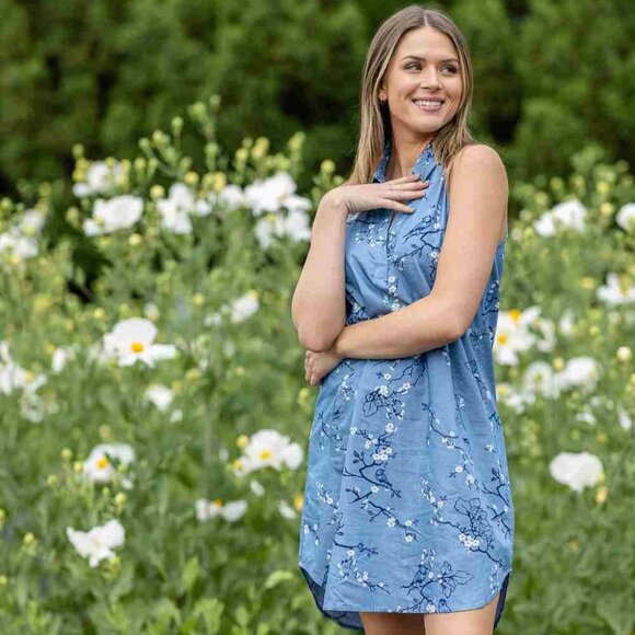 Papillon Cherry Blossom and Bird Print Collared Shirt, Women's, Medium, Blue - Picture 1 of 5